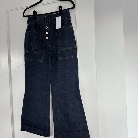 NWT Carven Wide Leg Crop Jeans w/ Denim Belt Button Fly...